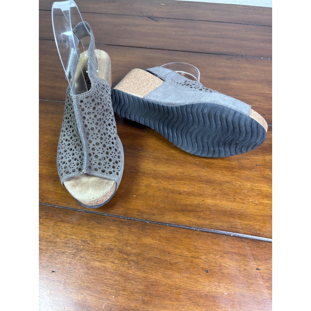 Bio-Gold Wedge Sandals Women 9 Gray Suede Laser Cut Cork Platform Made in Italy - Picture 9 of 10
